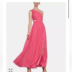 BCBGMaxazria One Shoulder Cutout Light Begonia Chiffon Long Gown. Size 0